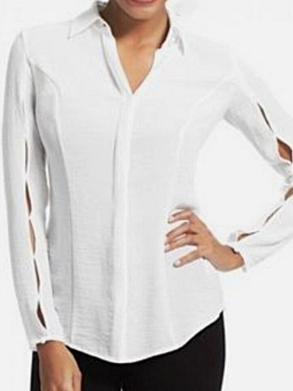 CABI White Long Sleeve Blouse Runaway Cut-Out Sleeves style 589 size XS